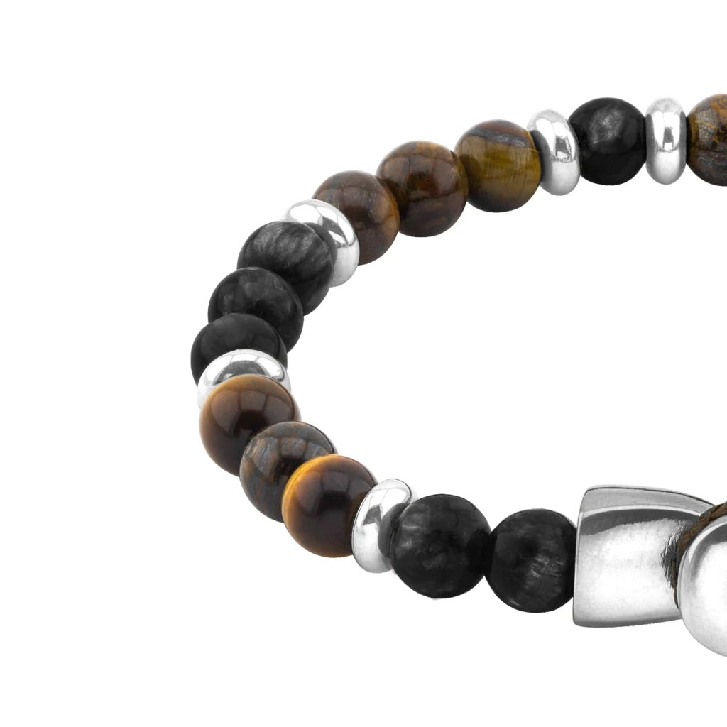 Pulsera con piedra de ojo de tigre de 6mm dispuestas en un suave cordón ajustable de piel de borrego, con conectores y broche de botón bañados en rodio - Joyería y bisutería fina