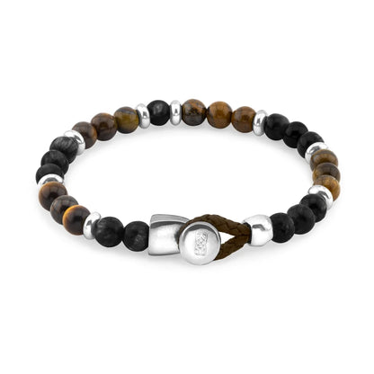 Pulsera con piedra de ojo de tigre de 6mm dispuestas en un suave cordón ajustable de piel de borrego, con conectores y broche de botón bañados en rodio - Joyería y bisutería fina