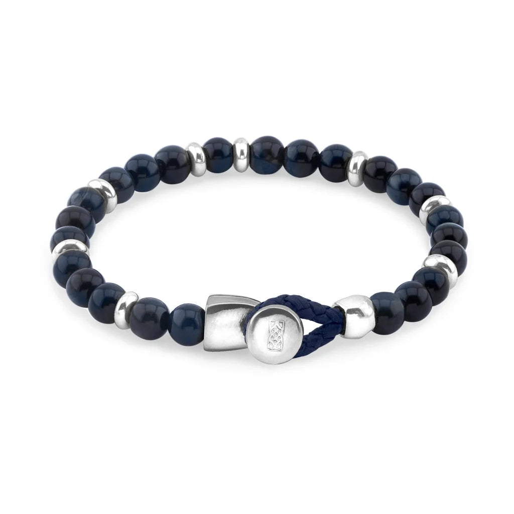 Pulsera con piedra de ojo de tigre de 6mm dispuestas en un suave cordón ajustable de piel de borrego, con conectores y broche de botón bañados en rodio - Joyería y bisutería fina
