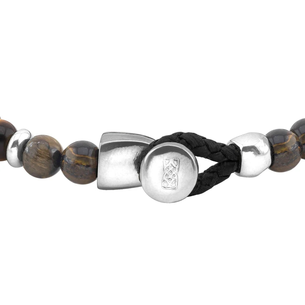Pulsera con piedra de ojo de tigre de 6mm dispuestas en un suave cordón ajustable de piel de borrego, con conectores y broche de botón bañados en rodio - Joyería y bisutería fina