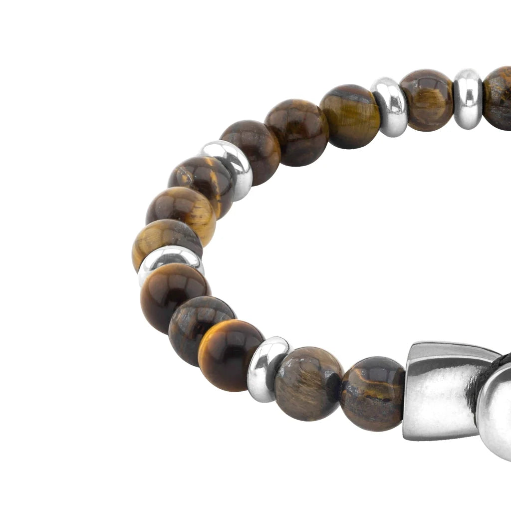 Pulsera con piedra de ojo de tigre de 6mm dispuestas en un suave cordón ajustable de piel de borrego, con conectores y broche de botón bañados en rodio - Joyería y bisutería fina