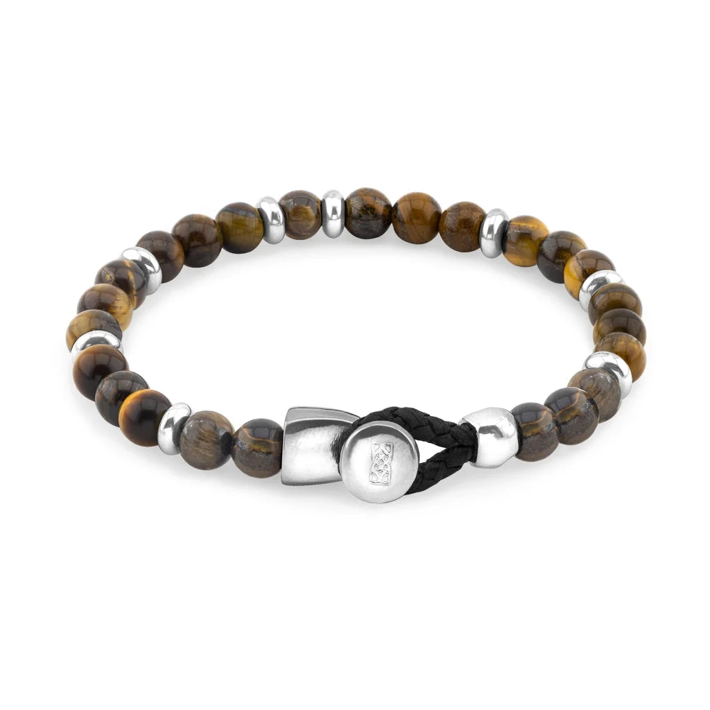 Pulsera con piedra de ojo de tigre de 6mm dispuestas en un suave cordón ajustable de piel de borrego, con conectores y broche de botón bañados en rodio - Joyería y bisutería fina