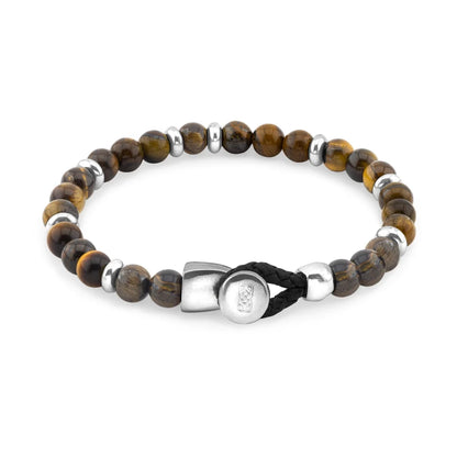 Pulsera con piedra de ojo de tigre de 6mm dispuestas en un suave cordón ajustable de piel de borrego, con conectores y broche de botón bañados en rodio - Joyería y bisutería fina