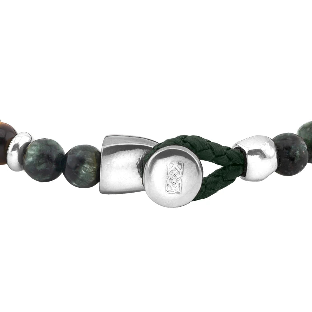 Pulsera con piedra de ojo de tigre de 6mm dispuestas en un suave cordón ajustable de piel de borrego, con conectores y broche de botón bañados en rodio - Joyería y bisutería fina