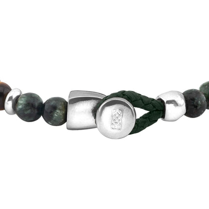 Pulsera con piedra de ojo de tigre de 6mm dispuestas en un suave cordón ajustable de piel de borrego, con conectores y broche de botón bañados en rodio - Joyería y bisutería fina
