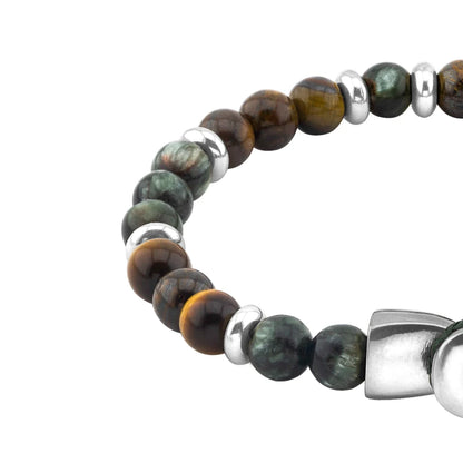 Pulsera con piedra de ojo de tigre de 6mm dispuestas en un suave cordón ajustable de piel de borrego, con conectores y broche de botón bañados en rodio - Joyería y bisutería fina