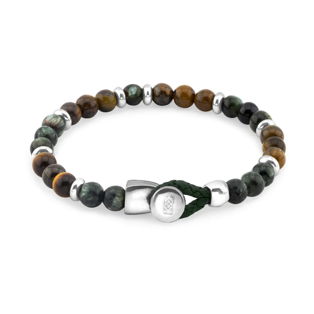 Pulsera con piedra de ojo de tigre de 6mm dispuestas en un suave cordón ajustable de piel de borrego, con conectores y broche de botón bañados en rodio - Joyería y bisutería fina