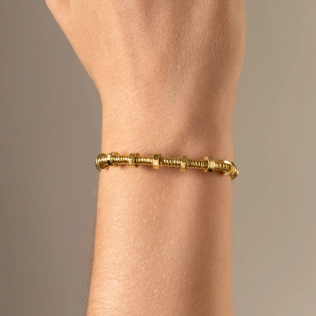 Pulsera con rondanas, donas y placa octagonal en baño de oro 22K - Joyería y bisutería fina