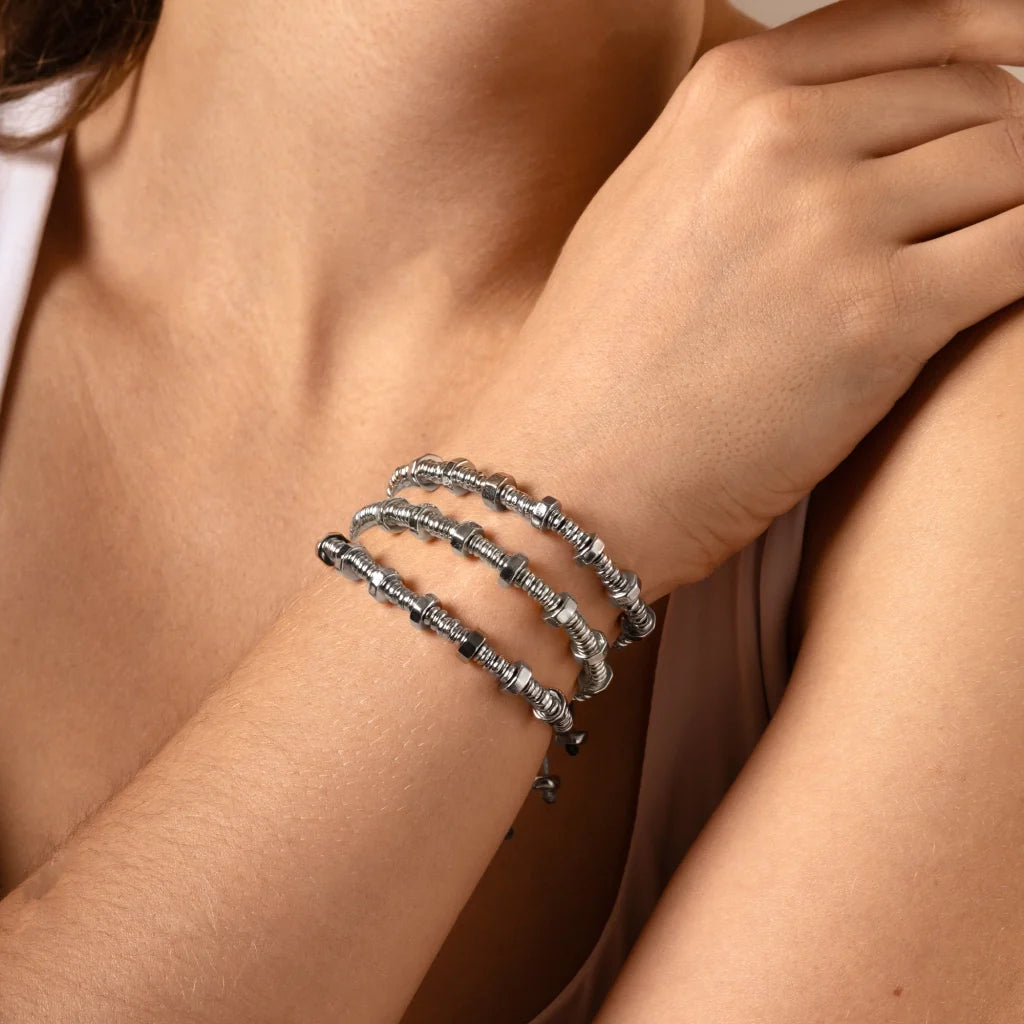 Pulsera con rondanas, donas y placa octagonal en baño de rodio - Joyería y bisutería fina