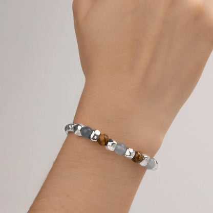 Pulsera con piedras naturales de 6mm, con donas y cuentas geométricas en baño de rodio - Joyería y bisutería fina