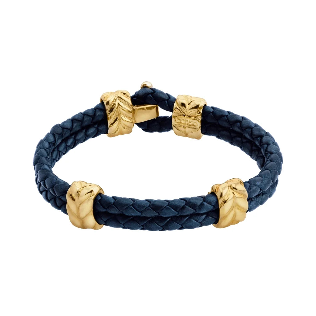 Pulsera con piel natural de borrego en trenza de 4 hilos, con broche y laureles en baño de oro 22K - Joyería y bisutería fina
