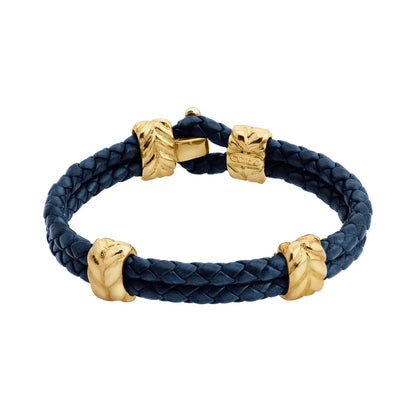 Pulsera con piel natural de borrego en trenza de 4 hilos, con broche y laureles en baño de oro 22K - Joyería y bisutería fina