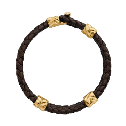 Pulsera con piel natural de borrego en trenza de 4 hilos, con broche y laureles en baño de oro 22K - Joyería y bisutería fina