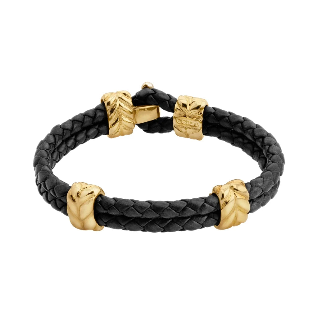 Pulsera con piel natural de borrego en trenza de 4 hilos, con broche y laureles en baño de oro 22K - Joyería y bisutería fina