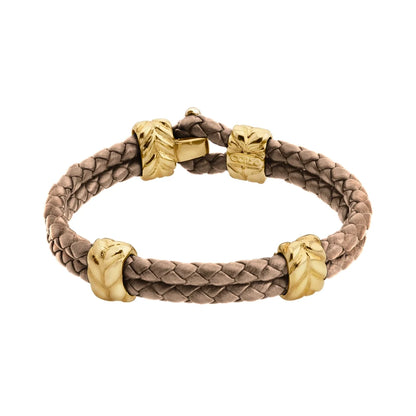 Pulsera con piel natural de borrego en trenza de 4 hilos, con broche y laureles en baño de oro 22K - Joyería y bisutería fina