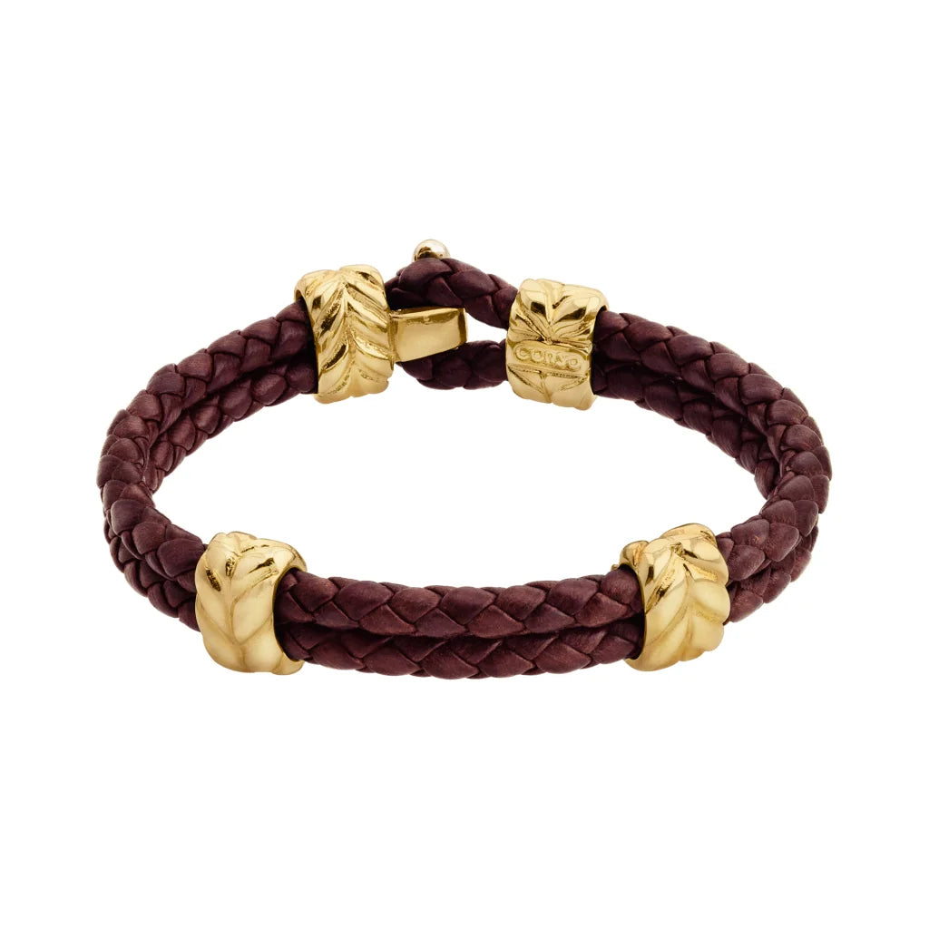 Pulsera con piel natural de borrego en trenza de 4 hilos, con broche y laureles en baño de oro 22K - Joyería y bisutería fina