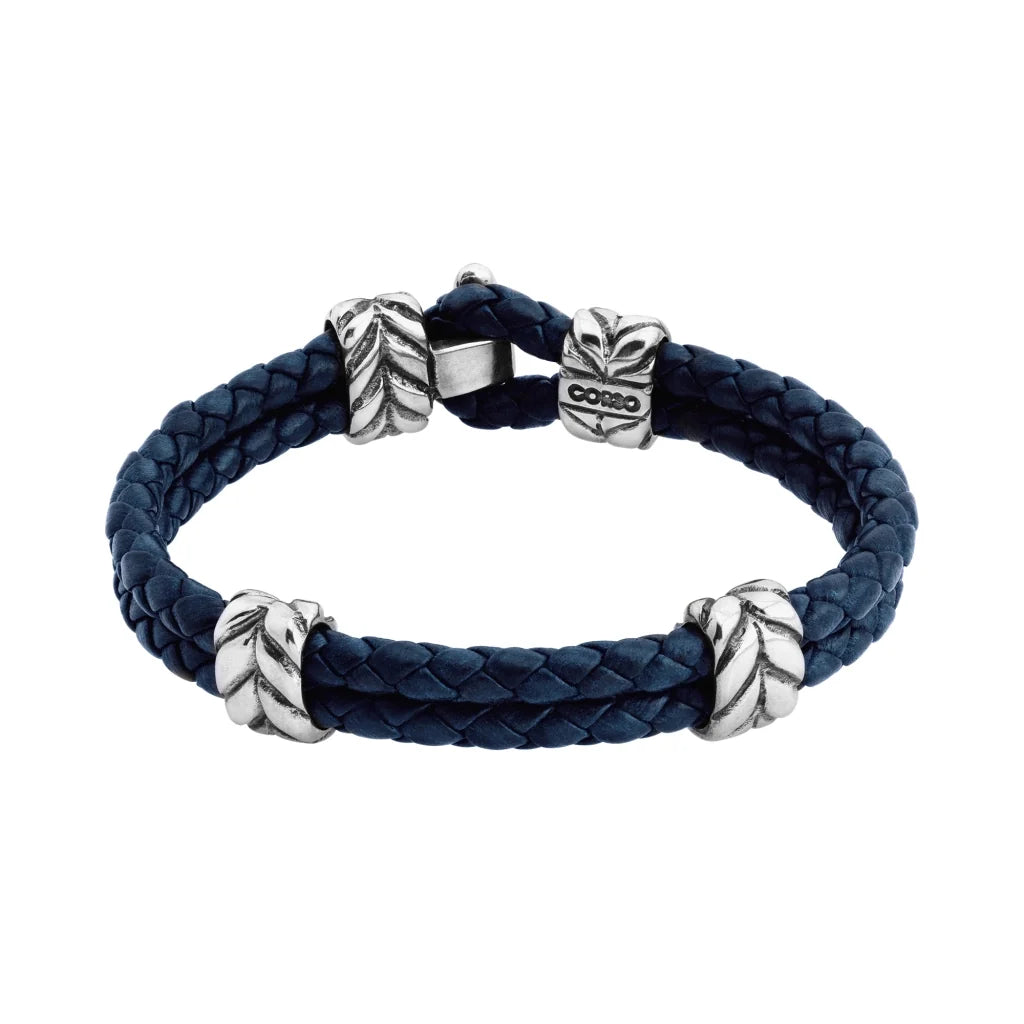 Pulsera con piel natural de borrego en trenza de 4 hilos, con broche y laureles en baño de rodio - Joyería y bisutería fina