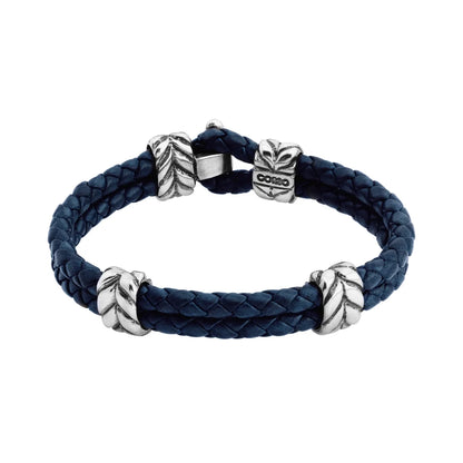 Pulsera con piel natural de borrego en trenza de 4 hilos, con broche y laureles en baño de rodio - Joyería y bisutería fina
