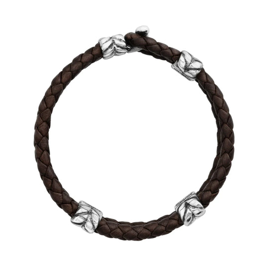 Pulsera con piel natural de borrego en trenza de 4 hilos, con broche y laureles en baño de rodio - Joyería y bisutería fina