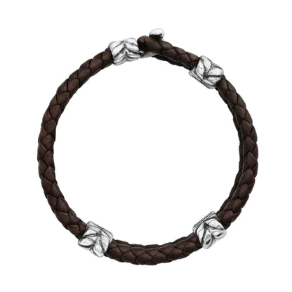 Pulsera con piel natural de borrego en trenza de 4 hilos, con broche y laureles en baño de rodio - Joyería y bisutería fina