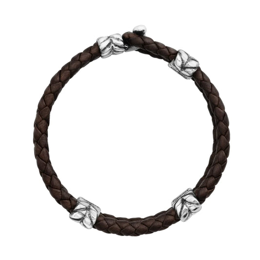 Pulsera con piel natural de borrego en trenza de 4 hilos, con broche y laureles en baño de rodio - Joyería y bisutería fina