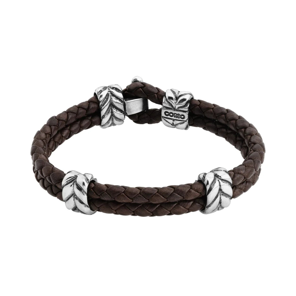 Pulsera con piel natural de borrego en trenza de 4 hilos, con broche y laureles en baño de rodio - Joyería y bisutería fina