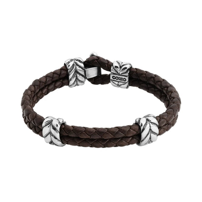 Pulsera con piel natural de borrego en trenza de 4 hilos, con broche y laureles en baño de rodio - Joyería y bisutería fina