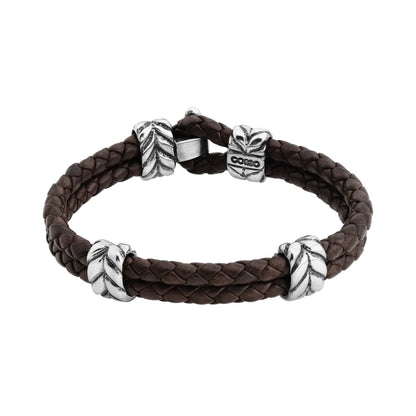 Pulsera con piel natural de borrego en trenza de 4 hilos, con broche y laureles en baño de rodio - Joyería y bisutería fina