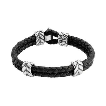 Pulsera con piel natural de borrego en trenza de 4 hilos, con broche y laureles en baño de rodio - Joyería y bisutería fina