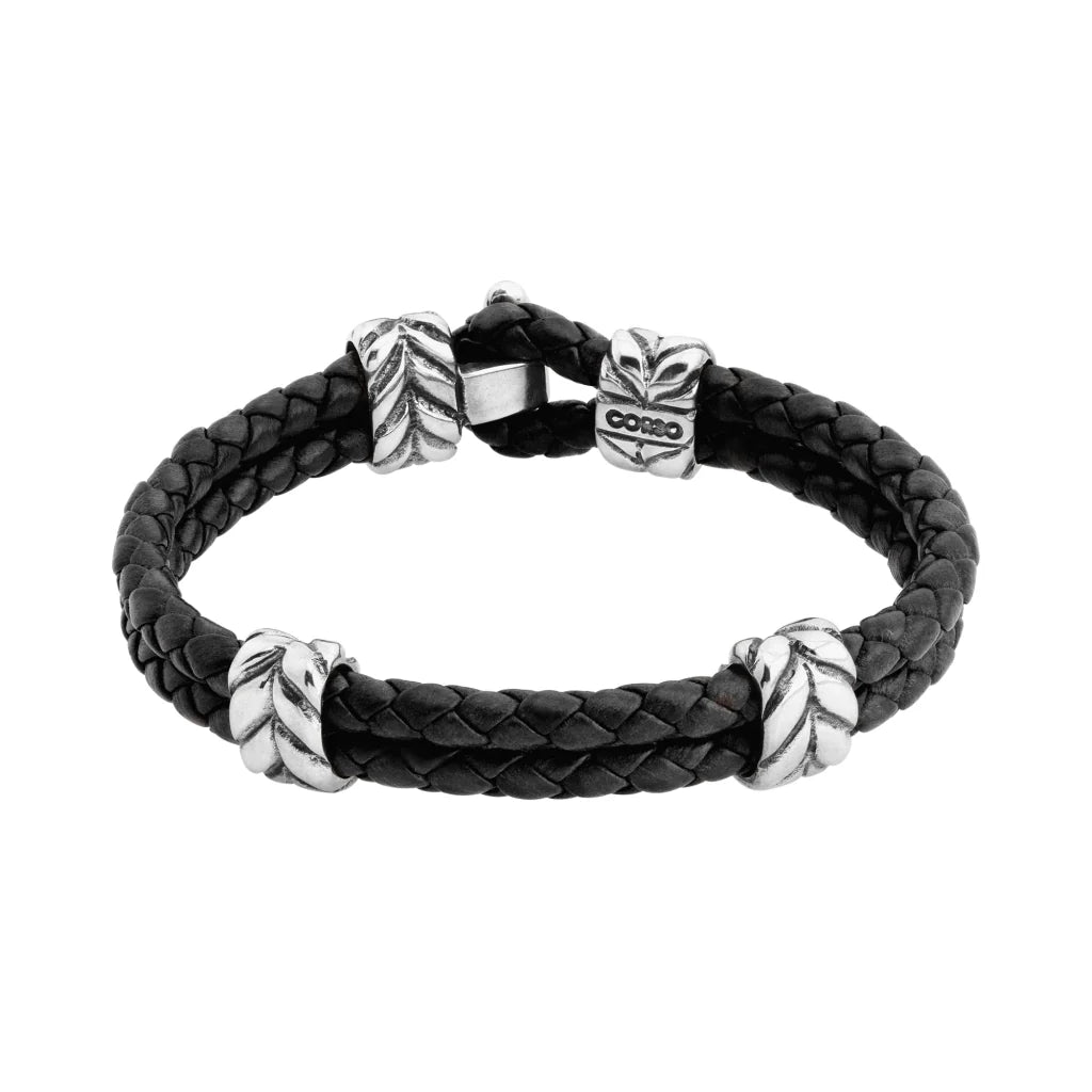 Pulsera con piel natural de borrego en trenza de 4 hilos, con broche y laureles en baño de rodio - Joyería y bisutería fina