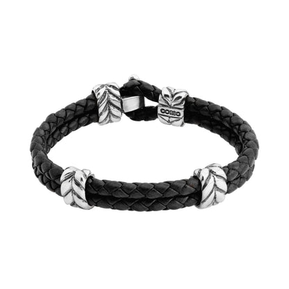 Pulsera con piel natural de borrego en trenza de 4 hilos, con broche y laureles en baño de rodio - Joyería y bisutería fina