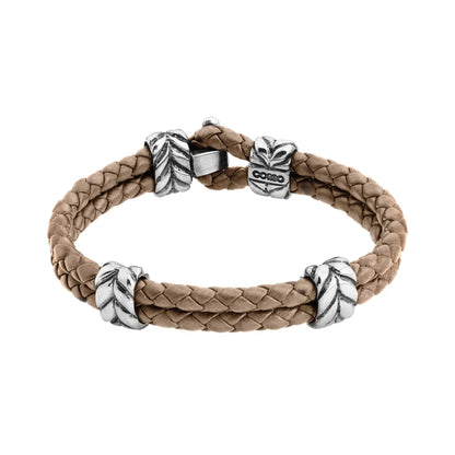 Pulsera con piel natural de borrego en trenza de 4 hilos, con broche y laureles en baño de rodio - Joyería y bisutería fina