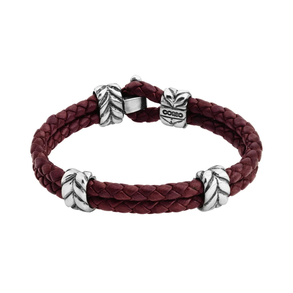 Pulsera con piel natural de borrego en trenza de 4 hilos, con broche y laureles en baño de rodio - Joyería y bisutería fina
