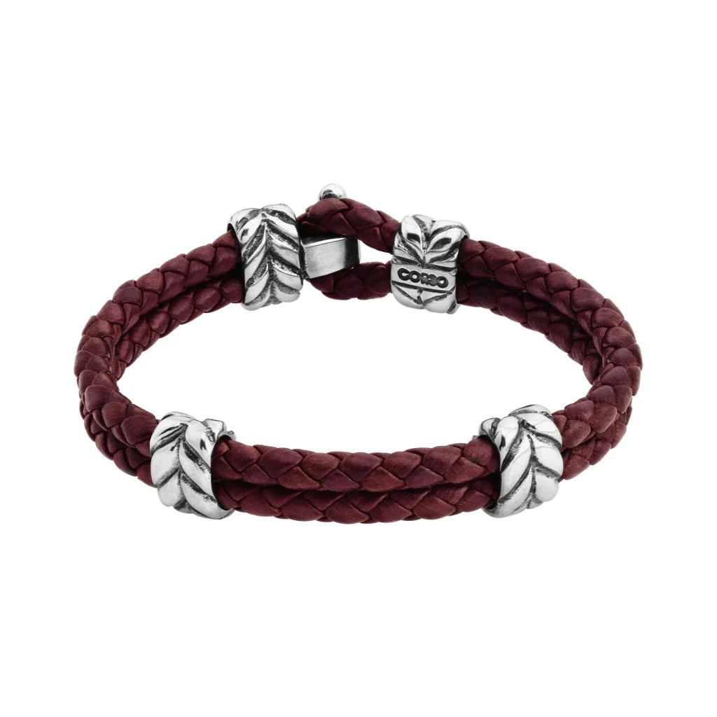Pulsera con piel natural de borrego en trenza de 4 hilos, con broche y laureles en baño de rodio - Joyería y bisutería fina