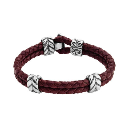 Pulsera con piel natural de borrego en trenza de 4 hilos, con broche y laureles en baño de rodio - Joyería y bisutería fina