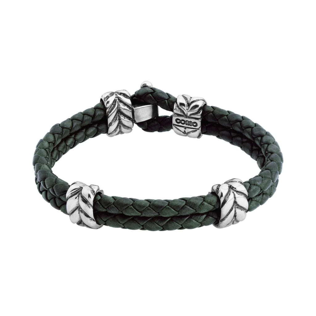 Pulsera con piel natural de borrego en trenza de 4 hilos, con broche y laureles en baño de rodio - Joyería y bisutería fina