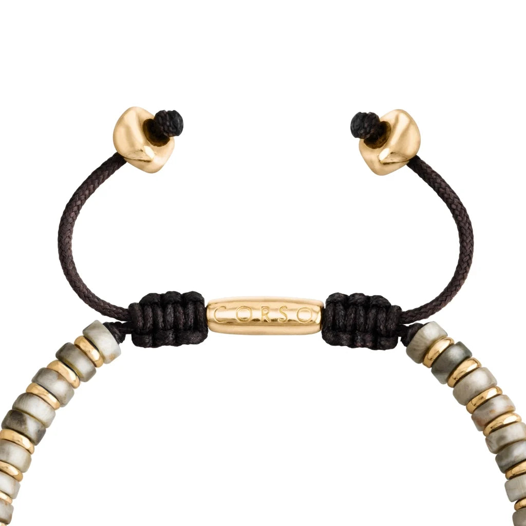 Pulsera con rondeles de piedra de 4mm con mini donas en baño de oro 22K - Joyería y bisutería fina