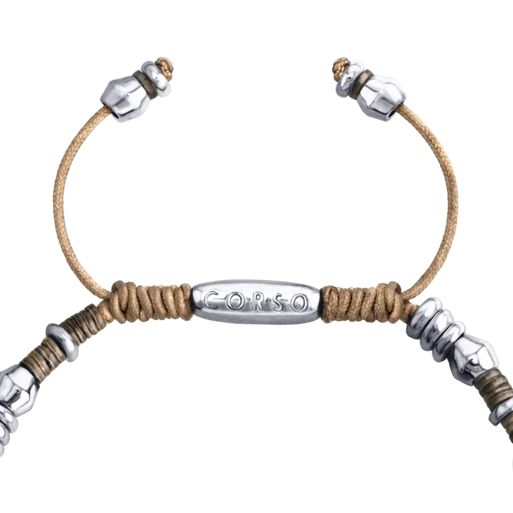 Pulsera ajustable con conchas filipinas de 3mm talladas a mano, intercaladas con cuentas bañadas en rodio - Joyería y bisutería fina