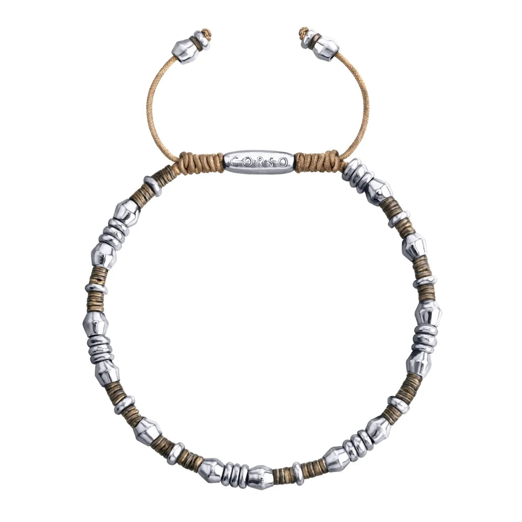 Pulsera ajustable con conchas filipinas de 3mm talladas a mano, intercaladas con cuentas bañadas en rodio - Joyería y bisutería fina
