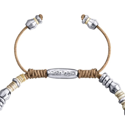 Pulsera ajustable con conchas filipinas de 3mm talladas a mano, intercaladas con cuentas bañadas en rodio - Joyería y bisutería fina
