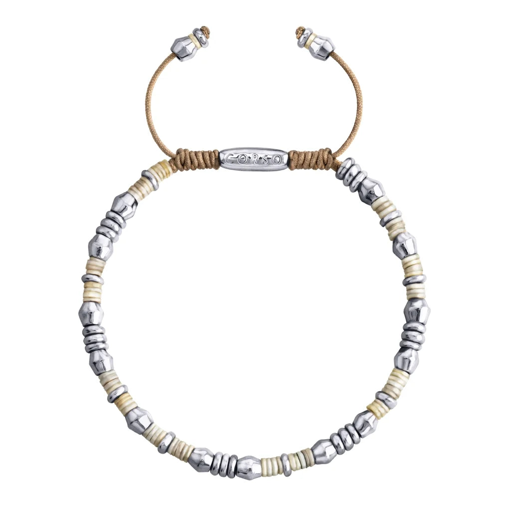 Pulsera ajustable con conchas filipinas de 3mm talladas a mano, intercaladas con cuentas bañadas en rodio - Joyería y bisutería fina