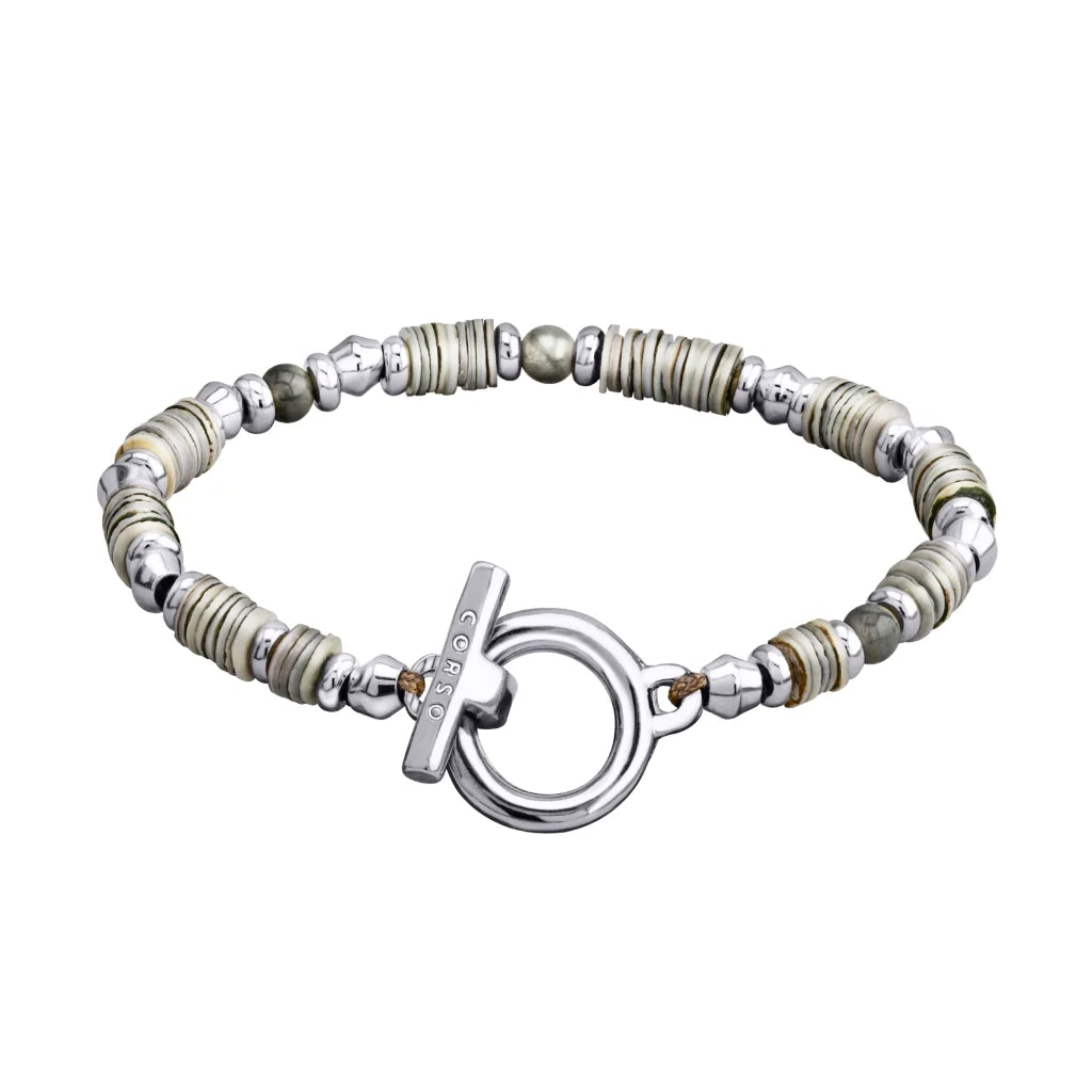 Pulsera en baño de rodio con conchas filipinas talladas a mano y piedras semipreciosas - Joyería y bisutería fina