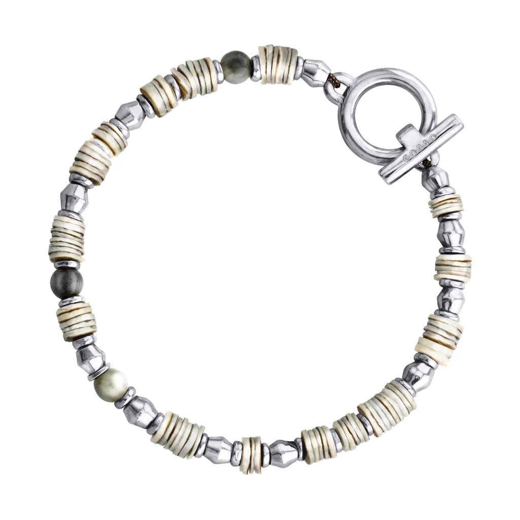 Pulsera en baño de rodio con conchas filipinas talladas a mano y piedras semipreciosas - Joyería y bisutería fina