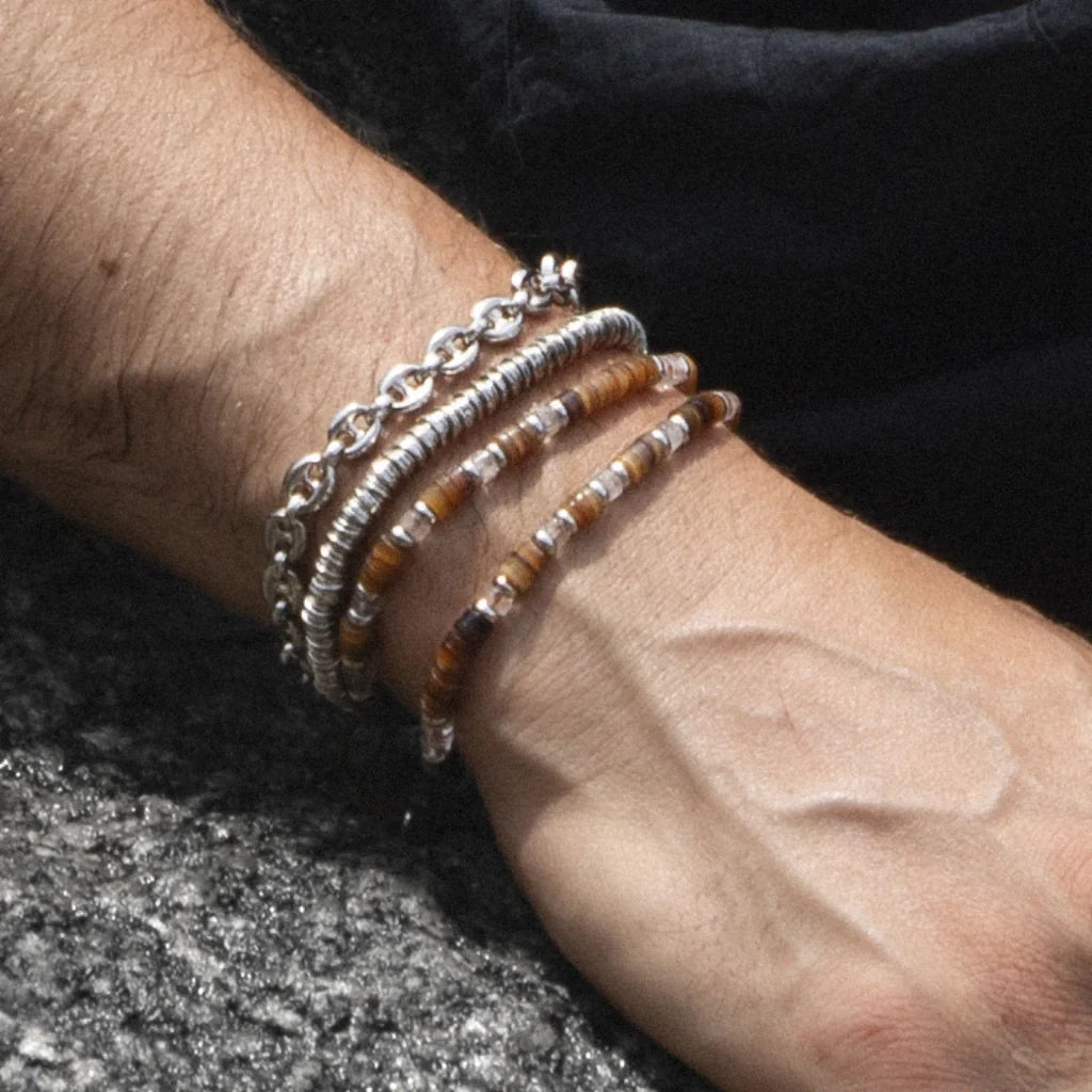 Pulsera en baño de Rodio, conchas filipinas heishi, cuarzo blanco - Joyería y bisutería fina