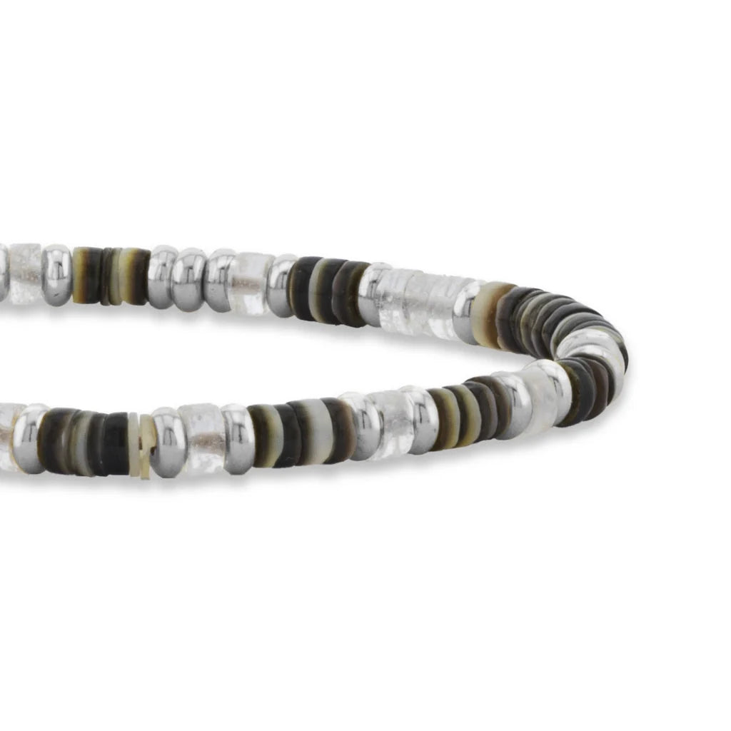 Pulsera en baño de Rodio, conchas filipinas heishi, cuarzo blanco - Joyería y bisutería fina
