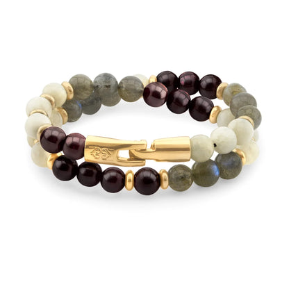 Pulsera de doble vuelta, broche de gancho, piedras de 8mm en baño de oro de 22K - Joyería y bisutería fina