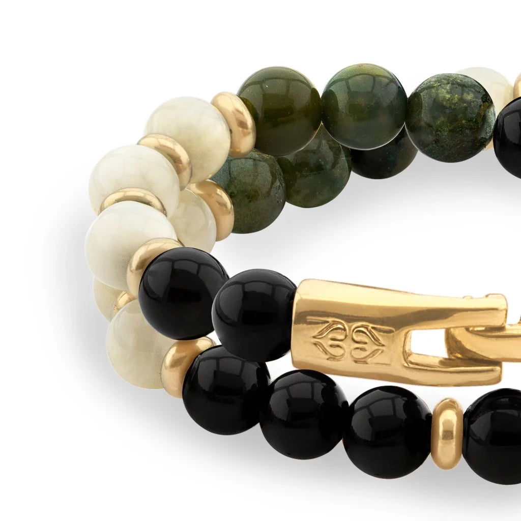 Pulsera de doble vuelta, broche de gancho, piedras de 8mm en baño de oro de 22K - Joyería y bisutería fina