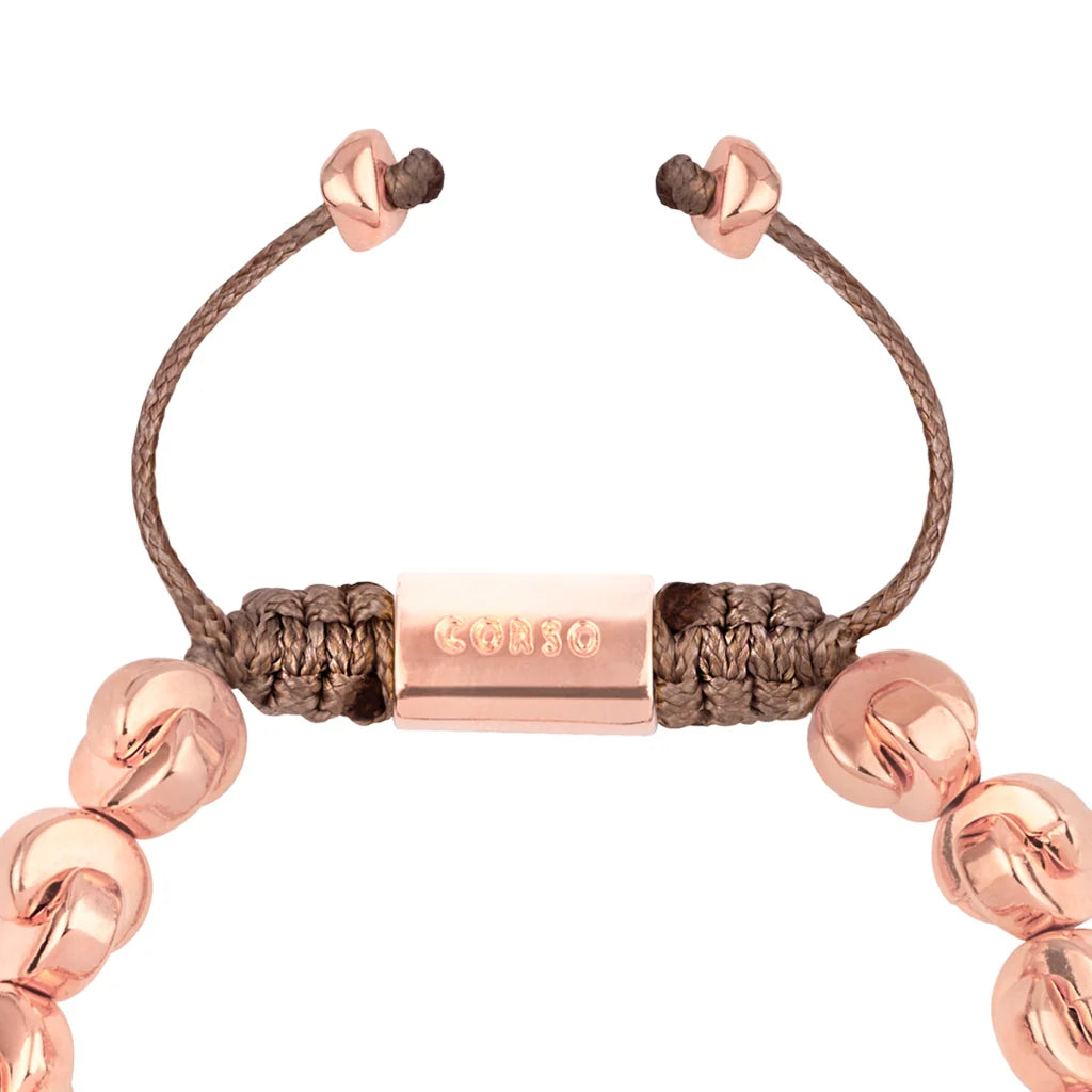 Pulsera ajustable con hilo de seda, con cuentas media luna y placa insignia Corso en baño de oro rosa 22K - Joyería y bisutería fina