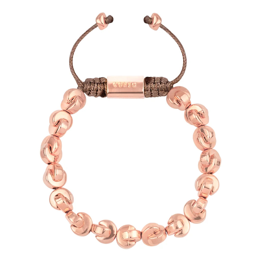 Pulsera ajustable con hilo de seda, con cuentas media luna y placa insignia Corso en baño de oro rosa 22K - Joyería y bisutería fina