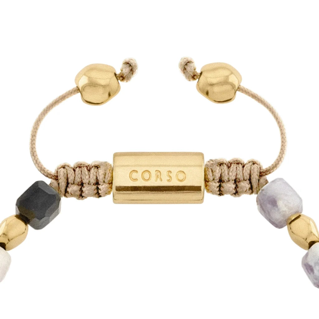 Pulsera ajustable con broche insignia Corso y cuentas facetadas en baño de oro de 22K, con piedra turmalina facetada - Joyería y bisutería fina